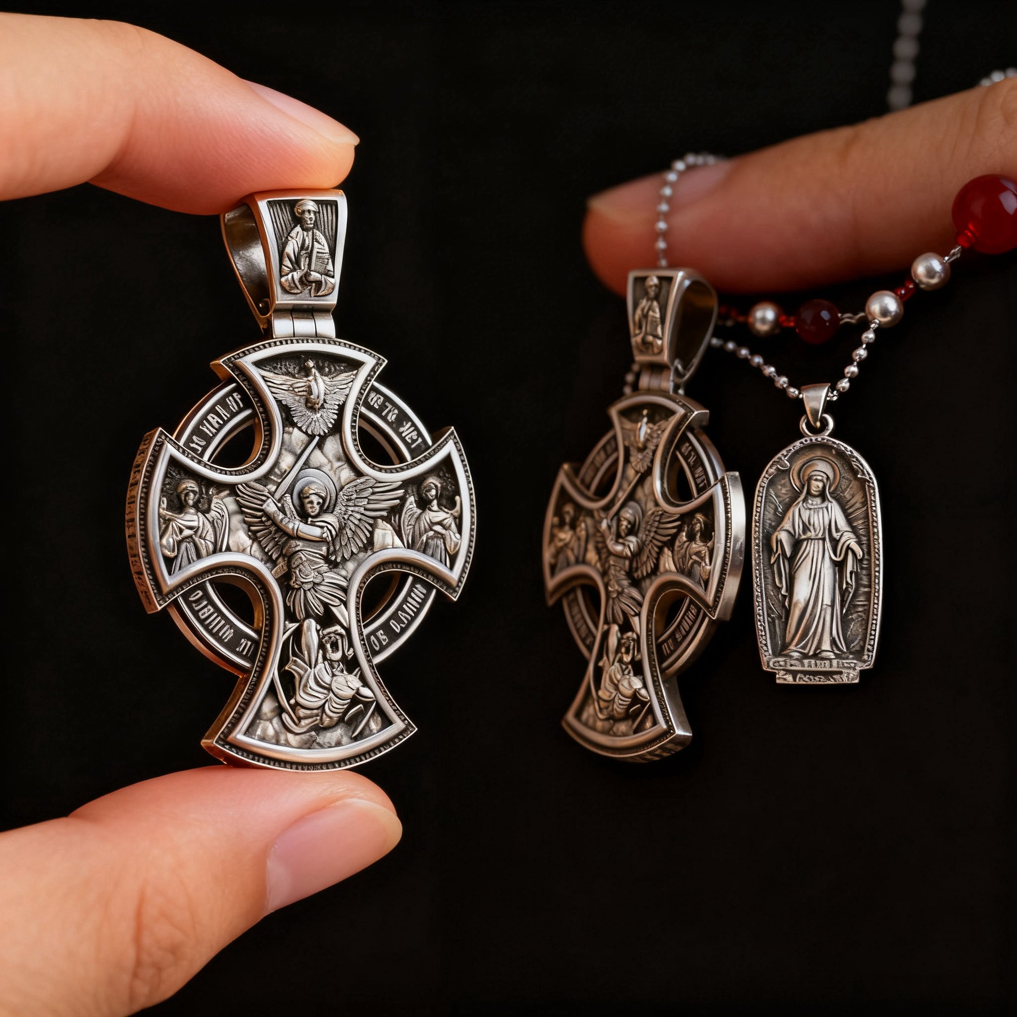 Double Sided 925 Sterling Silver Religious Pendant - Crucifixion of Christ & St. Michael Medal - Choose from 5 Chain Styles - Free Polishing Cloth