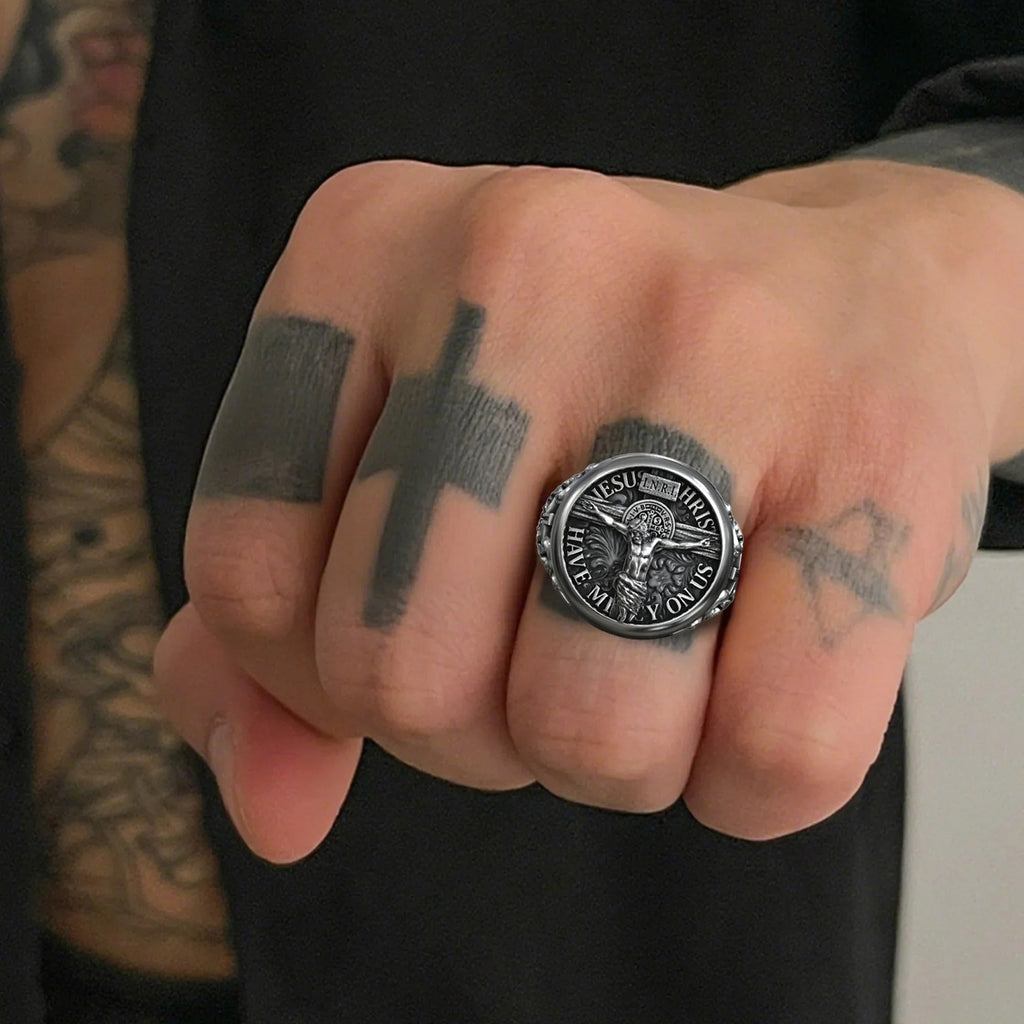 S925K Silver Jesus Crucifixion St. Benedict Medal Ring