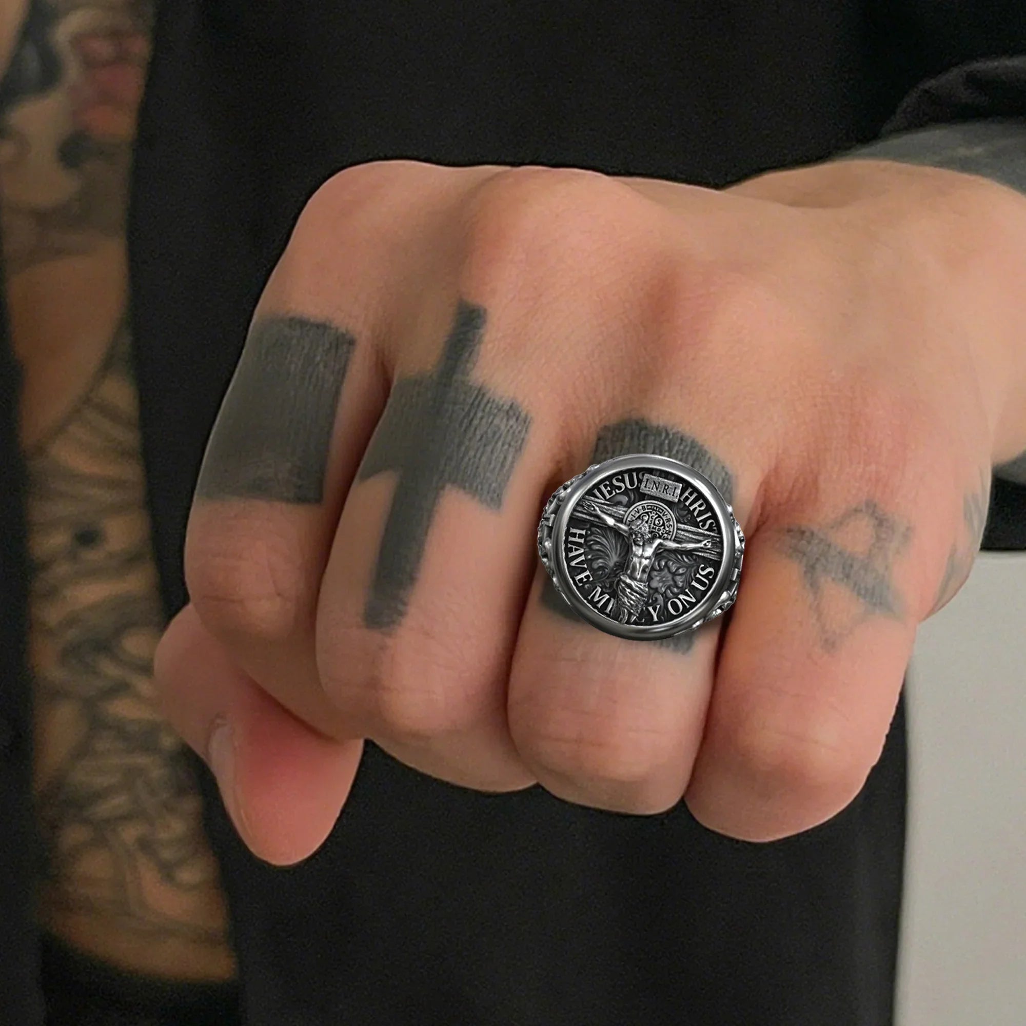S925K Silver Jesus Crucifixion St. Benedict Medal Ring
