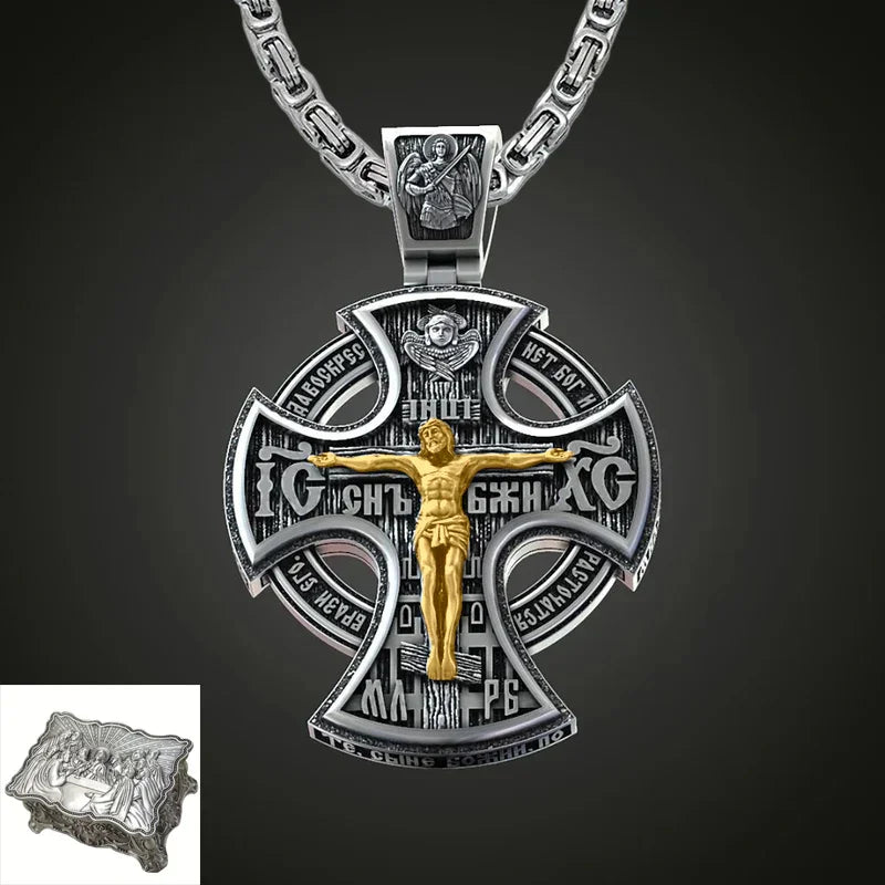 Double Sided 925 Sterling Silver Religious Pendant - Crucifixion of Christ & St. Michael Medal - Choose from 5 Chain Styles - Free Polishing Cloth