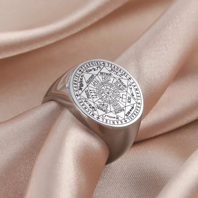 Vintage Titanium Seven Archangel Signet Ring - Amulet Against Evil Eyes, Curses, Spells