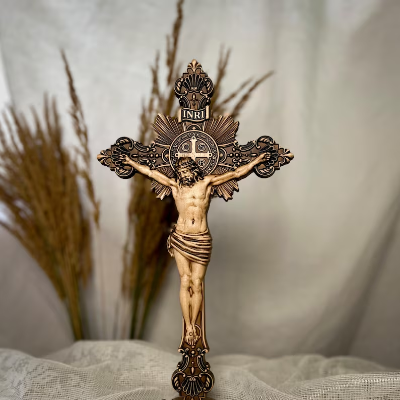 St. Benedict Exorcism Cross wood carved - Bless you and your family