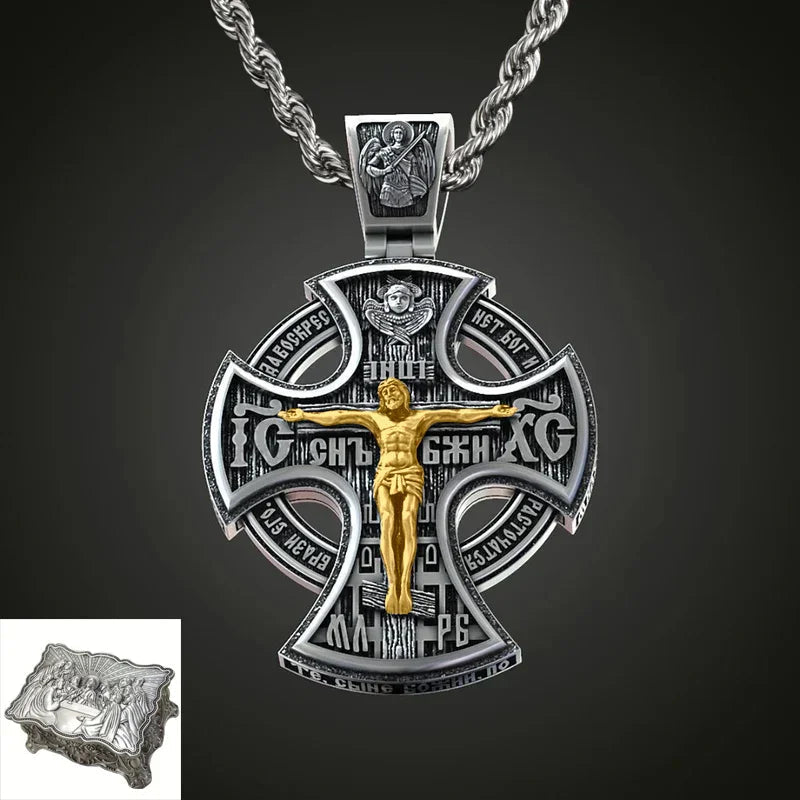 Double Sided 925 Sterling Silver Religious Pendant - Crucifixion of Christ & St. Michael Medal - Choose from 5 Chain Styles - Free Polishing Cloth