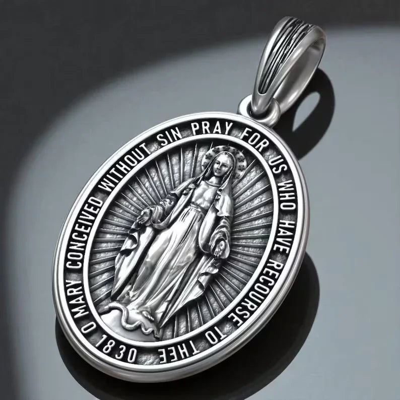 S925K Silver Miracle Medal English Version Inscription Necklace
