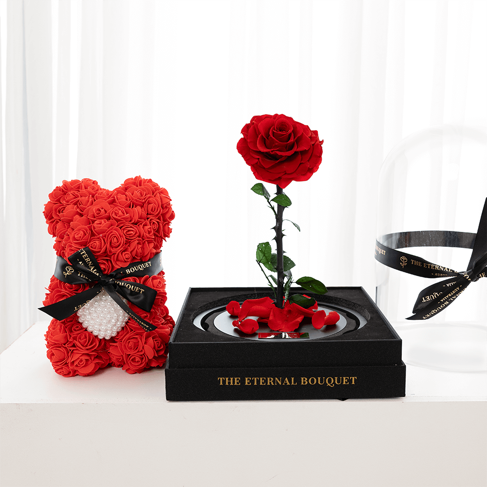 BUNDLE DEAL: Red Enchanted Rose & Mini Red Eternal Rose Bear with Pearl Heart [FREE GIFT BOX]