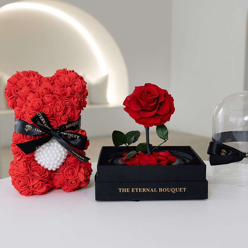 BUNDLE DEAL: Red Enchanted Mini & Mini Red Eternal Rose Bear with Pearl Heart [FREE GIFT BOX]