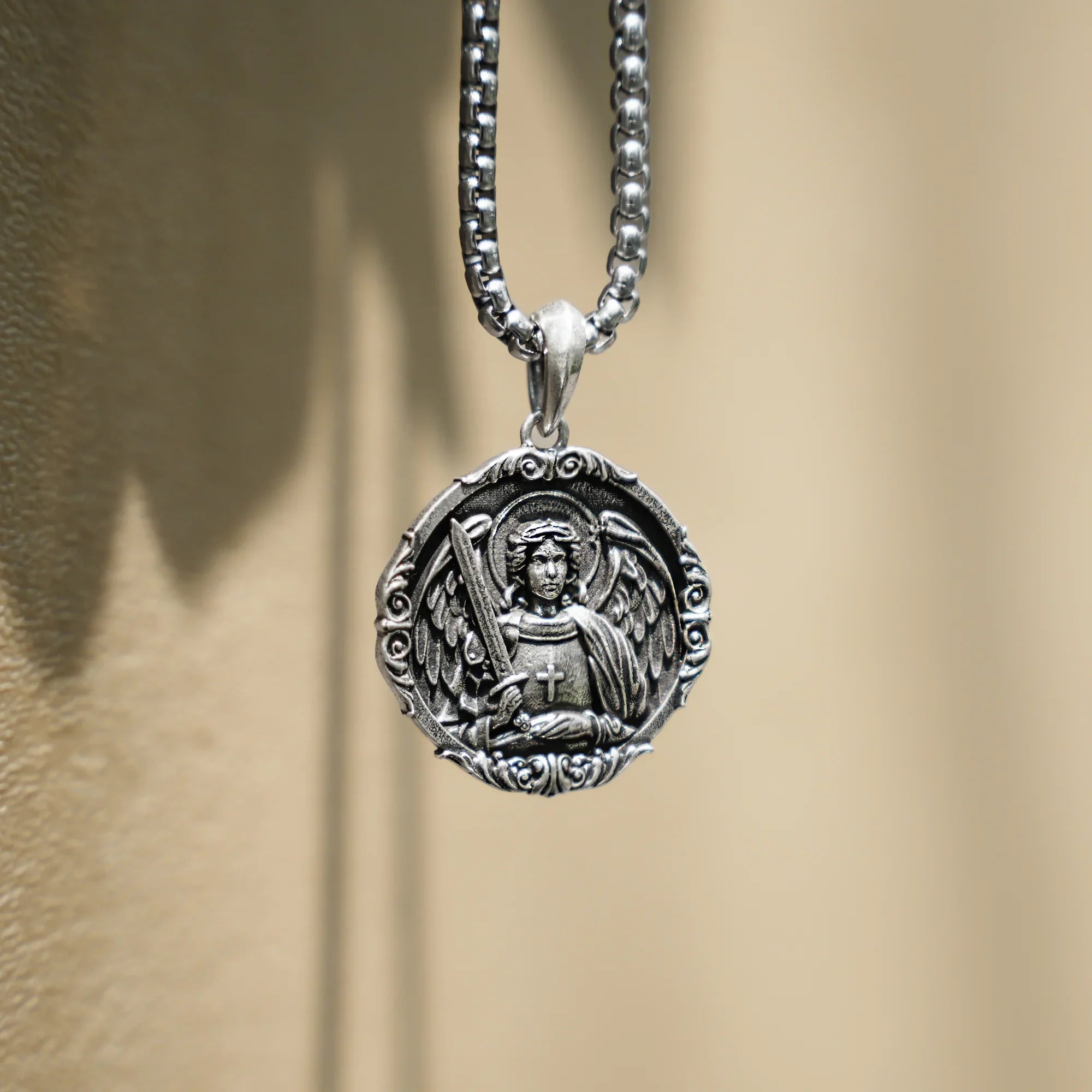 S925k Silver St. Michael Shield Angel Amulet Badge Necklace