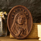 Our Lady in Tears and Prayer with a Nine-Star Halo — Hand-Carved Beechwood Statue
