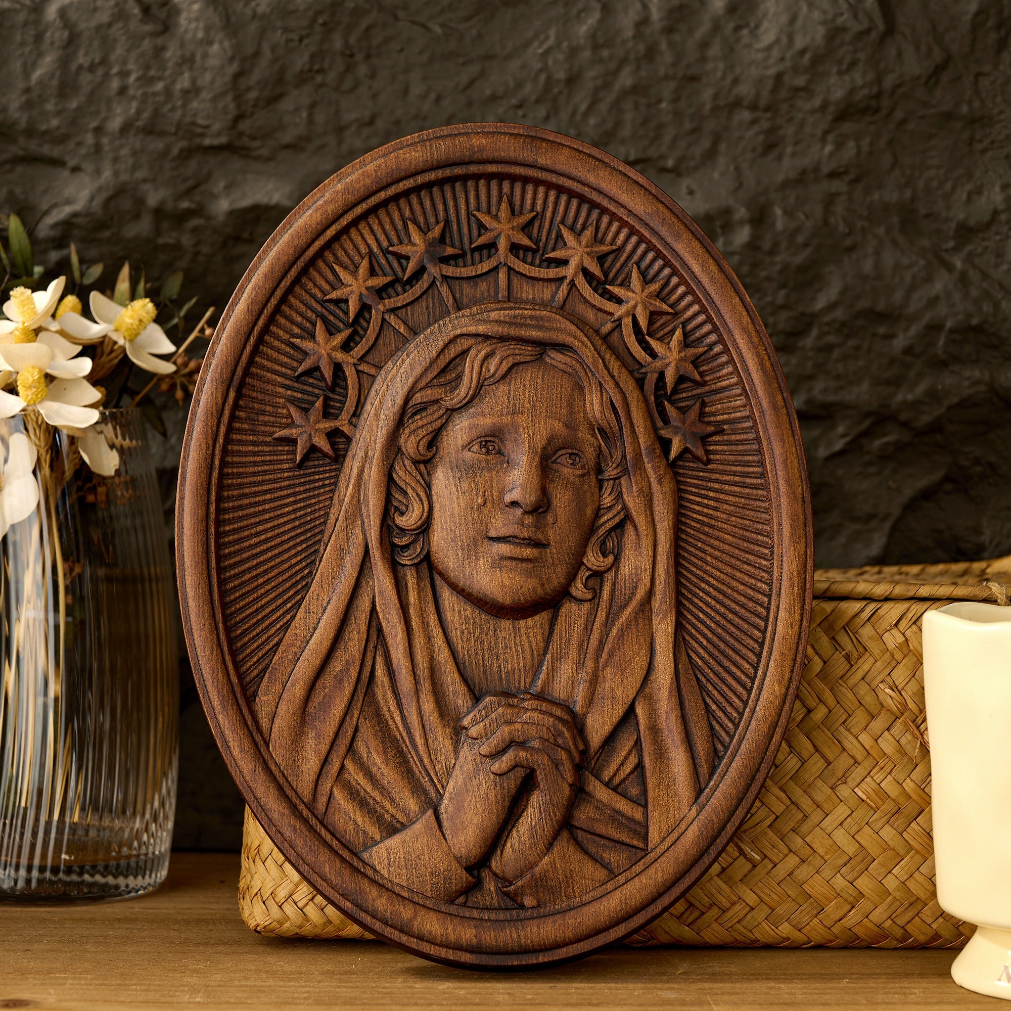 Our Lady in Tears and Prayer with a Nine-Star Halo — Hand-Carved Beechwood Statue