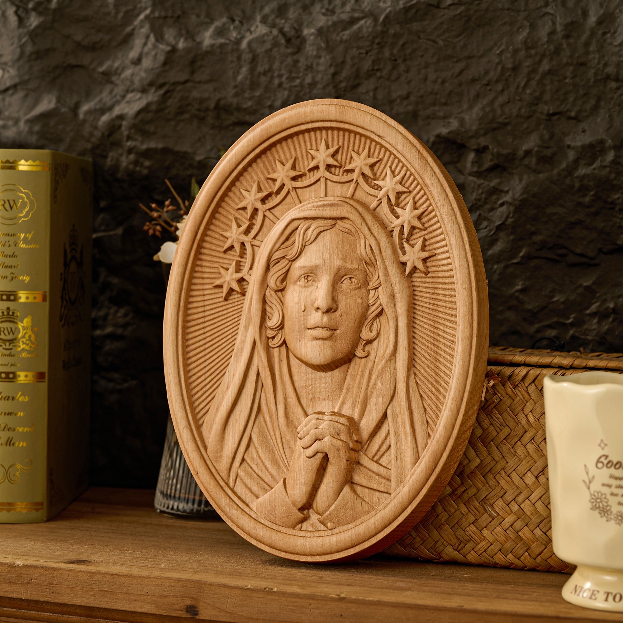 Our Lady in Tears and Prayer with a Nine-Star Halo — Hand-Carved Beechwood Statue