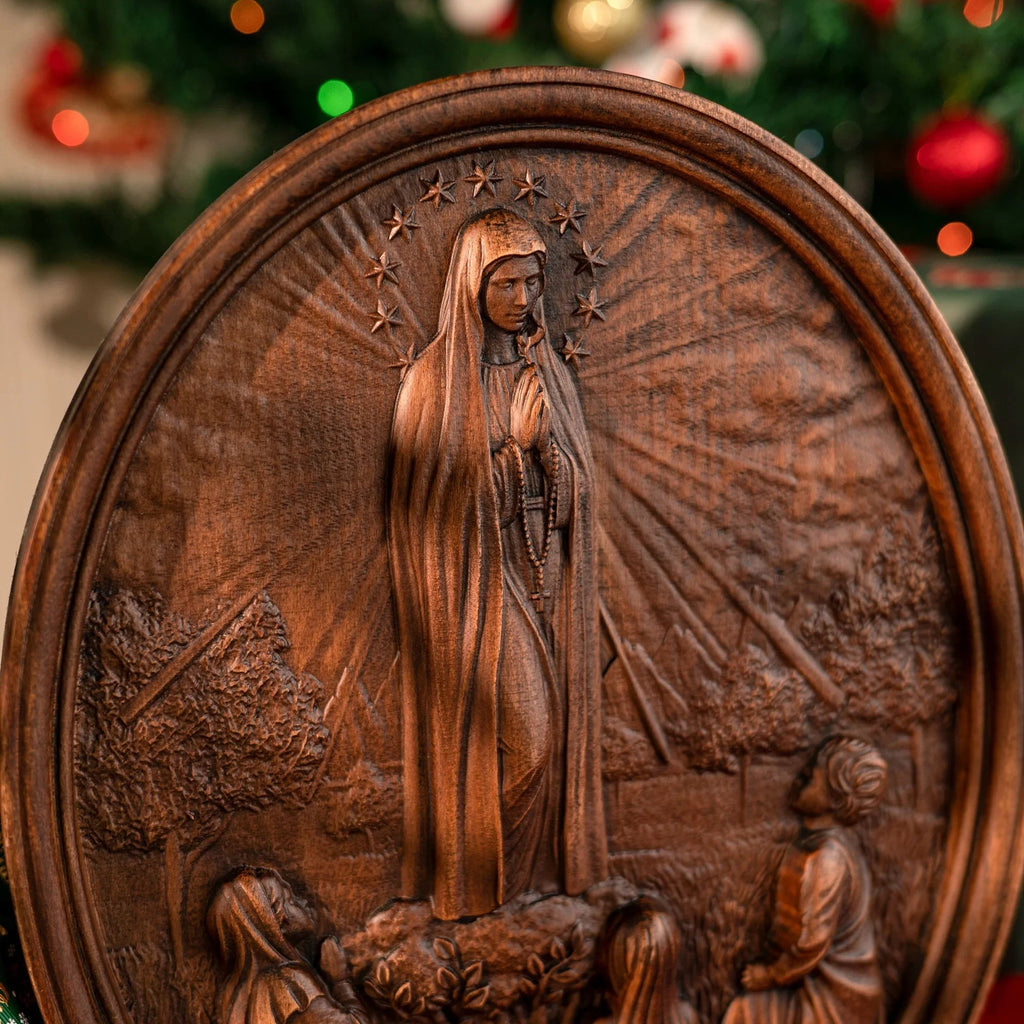 Our Lady of Fatima Wood Carving Decoration - Virgin Wall Pendant
