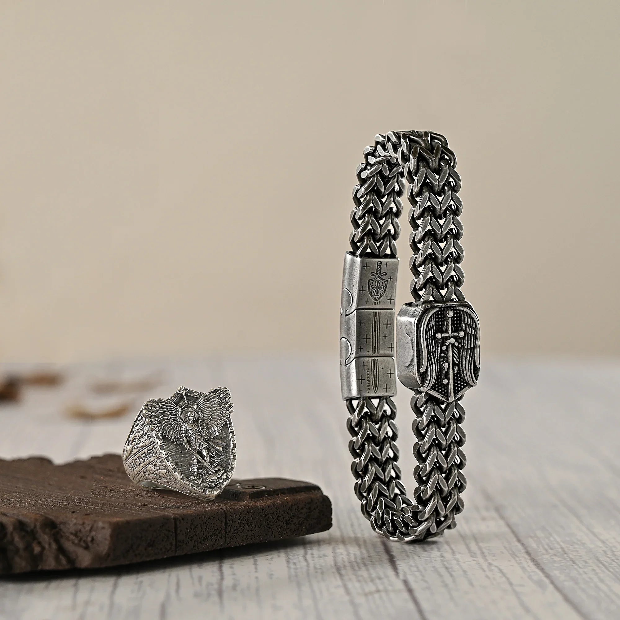 Archangel Michael Titanium Steel Bracelet S925K Silver Ring Set