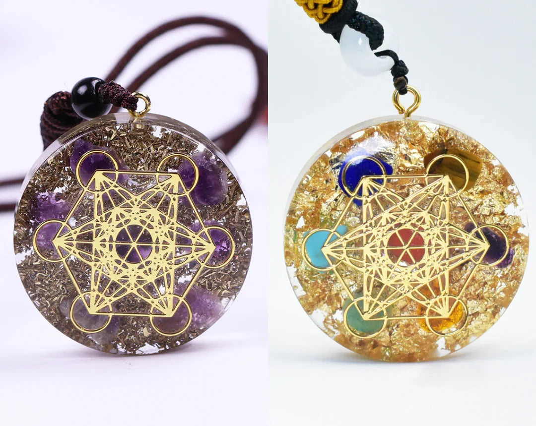 Natural Gemstone Charm Fashion Necklace Engrave Flower Of Life Multidimensional Metatron's Cube Pendant Reiki Heal Crystal Jewelry