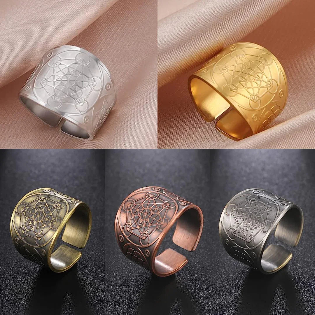 Amaxer Metatron’s Cube Ring for Men Stainless Steel Vintage Sacred Geometry Spiritual Protection Amulet Ring Statement Band for Men Women