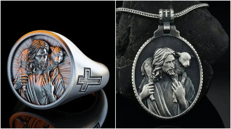 Titanium Steel Jesus Shepherd Ring - Jesus with Lamb