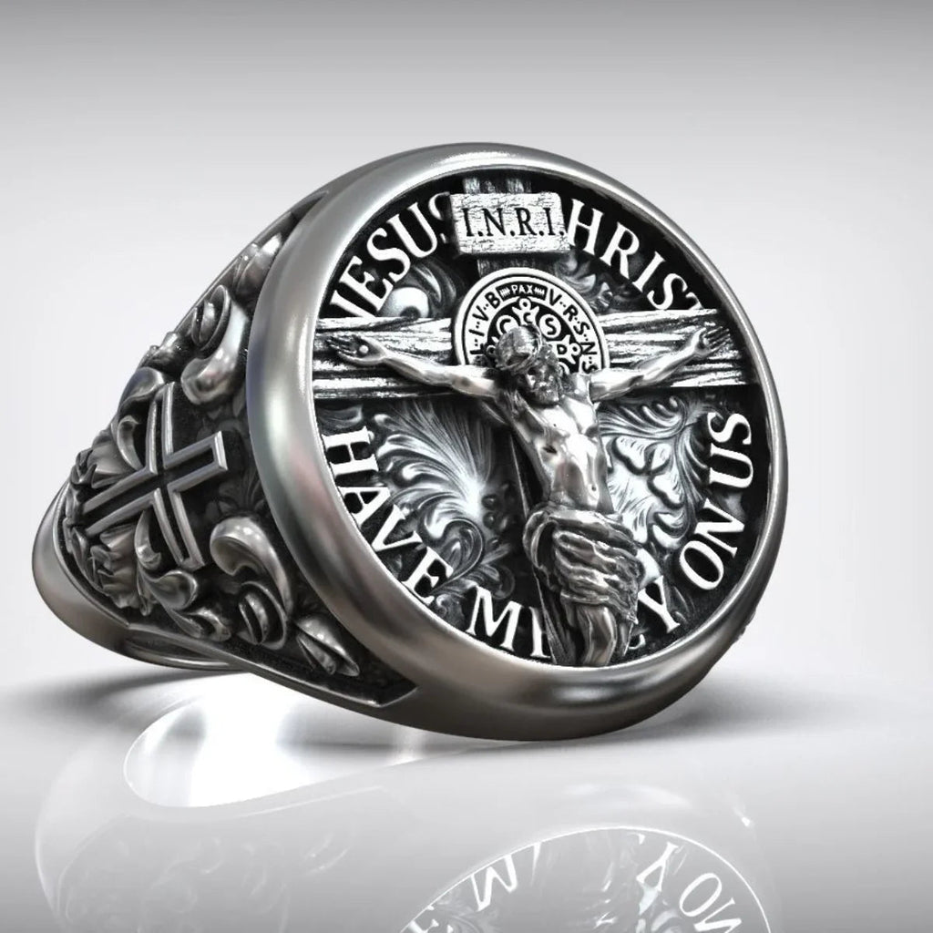 S925K Silver Jesus Crucifixion St. Benedict Medal Ring