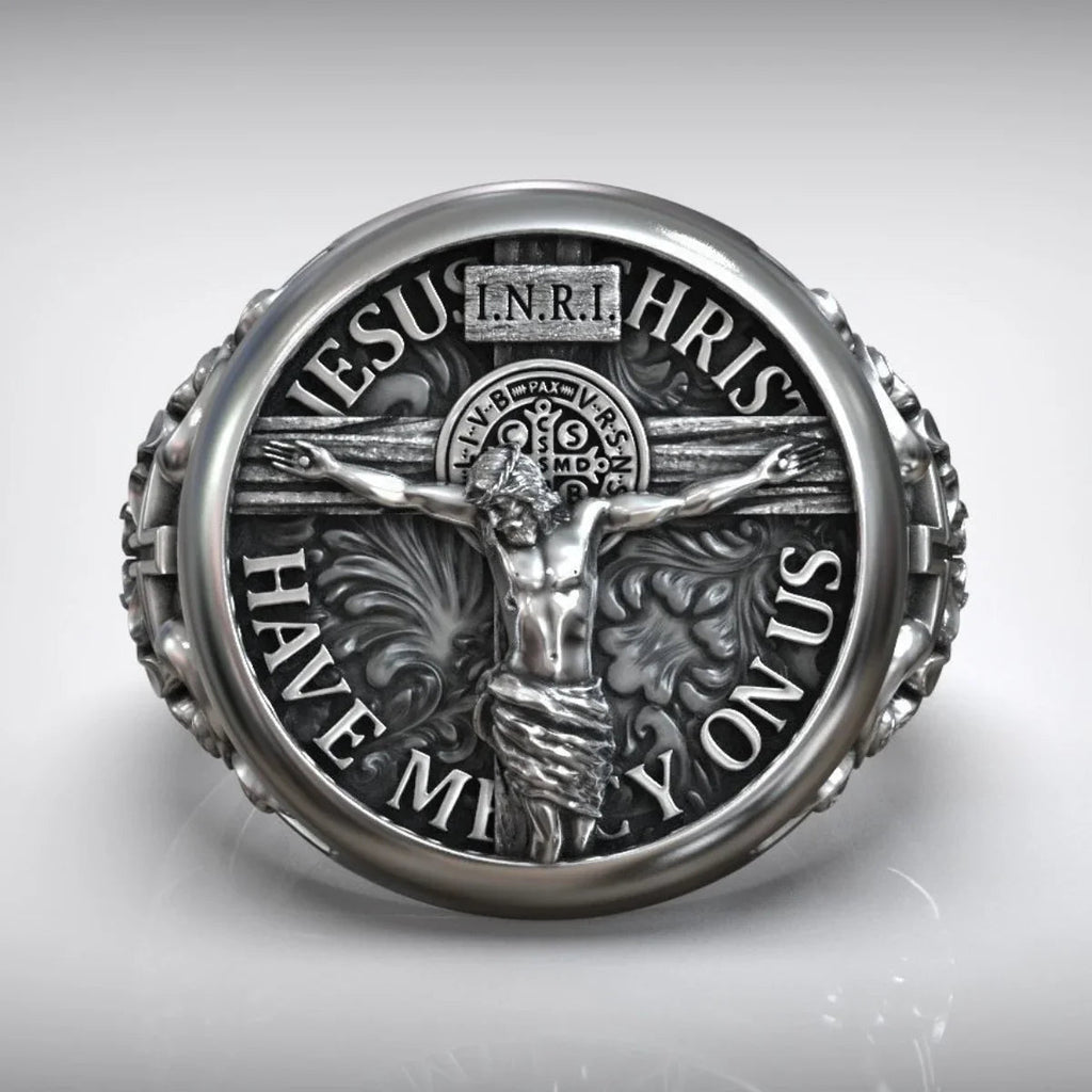 S925K Silver Jesus Crucifixion St. Benedict Medal Ring