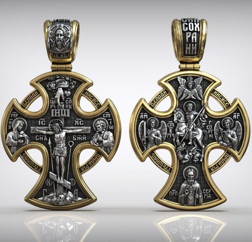 Double-sided S925k silver pendant depicting the Passion of Christ and St. George slaying the dragon.