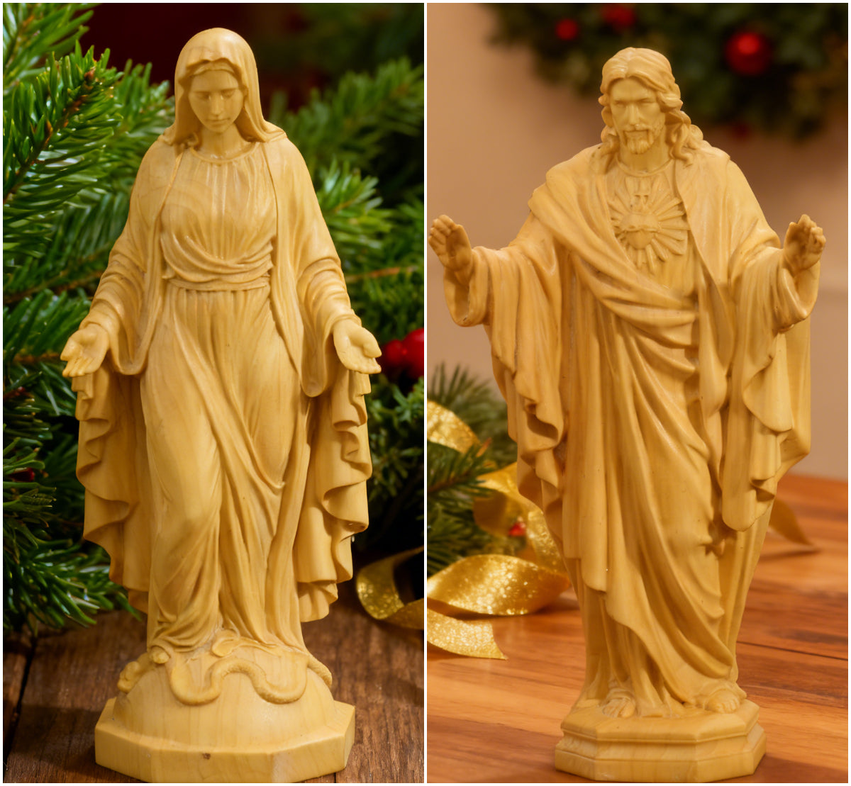 Hand Carved Sacred Heart of Jesus Virgin Mary Wooden Tabletop Ornament