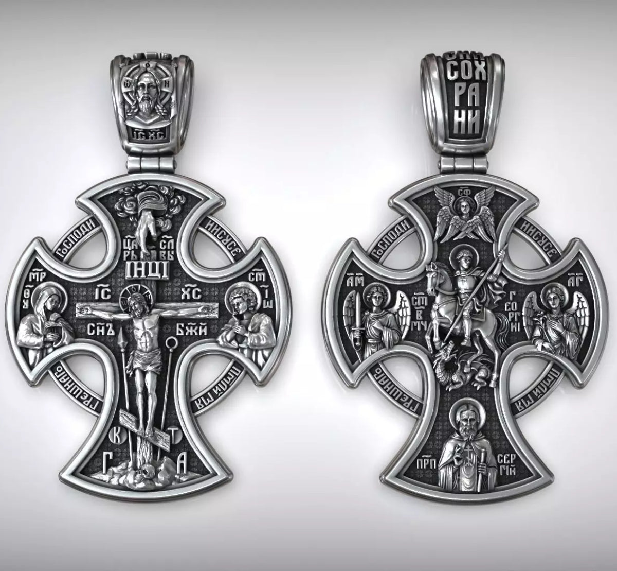 Double-sided S925k silver pendant depicting the Passion of Christ and St. George slaying the dragon.