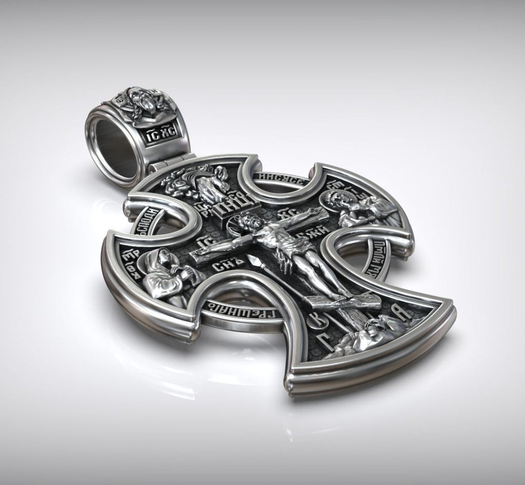 Double-sided S925k silver pendant depicting the Passion of Christ and St. George slaying the dragon.