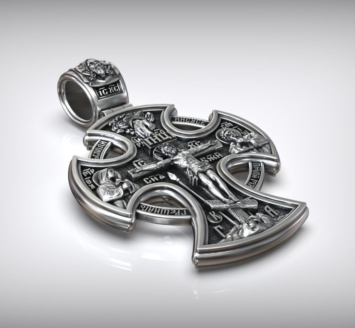 Double-sided S925k silver pendant depicting the Passion of Christ and St. George slaying the dragon.