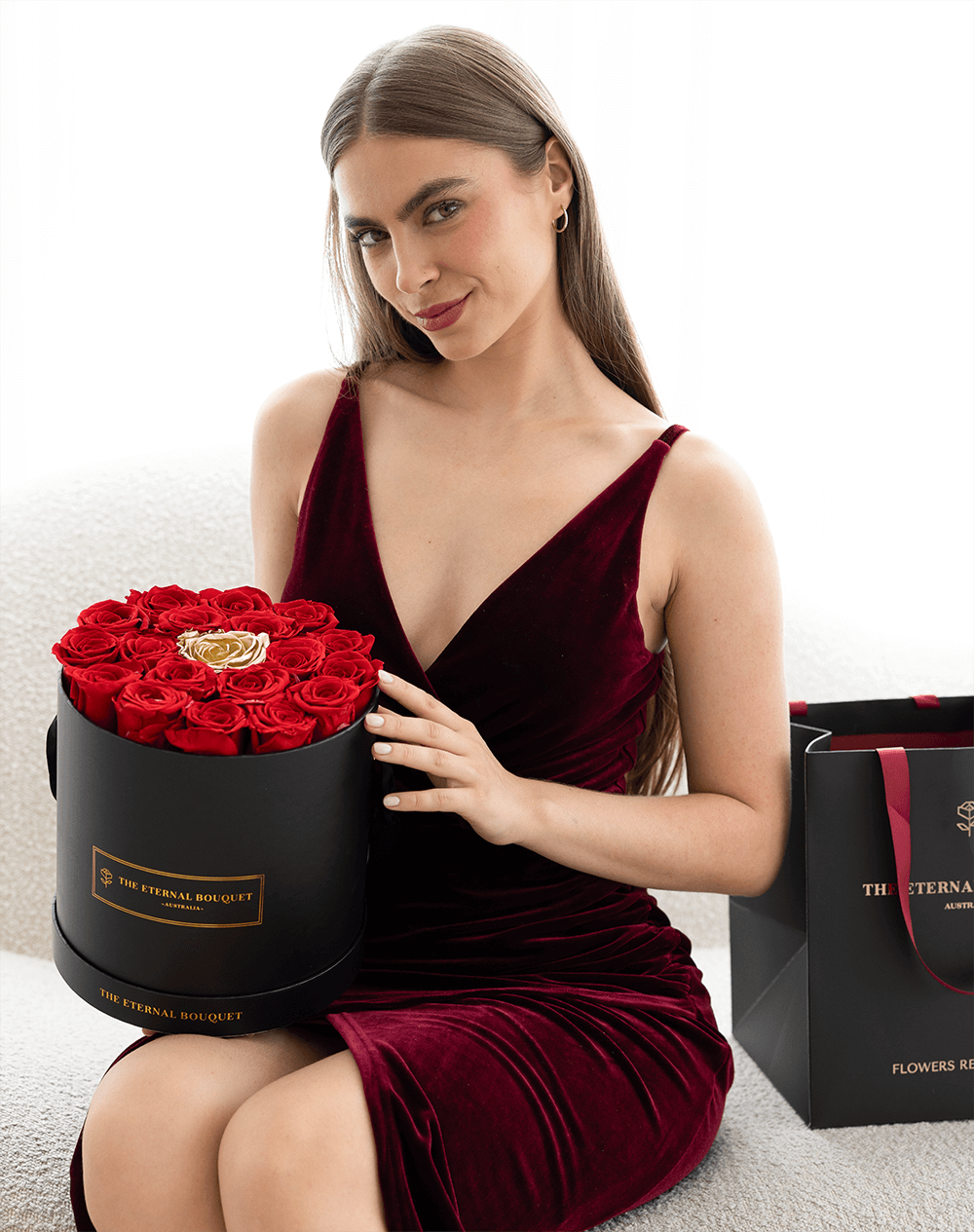 Round Everlasting Rose Box - Red Roses & Single Gold Rose