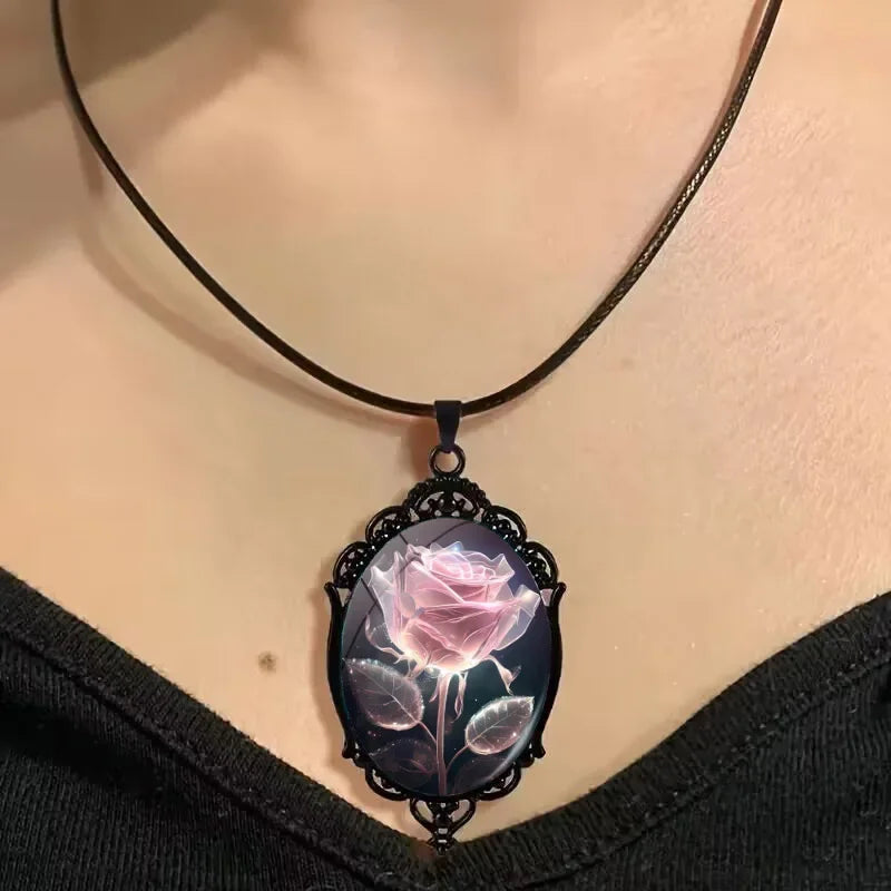Charm Pink Flower Pendant Necklace Rose Pattern Glass Ellipse - A niche style suitable for Romantic Gifts and Special Occasions🏆