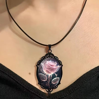 Charm Pink Flower Pendant Necklace Rose Pattern Glass Ellipse - A niche style suitable for Romantic Gifts and Special Occasions🏆