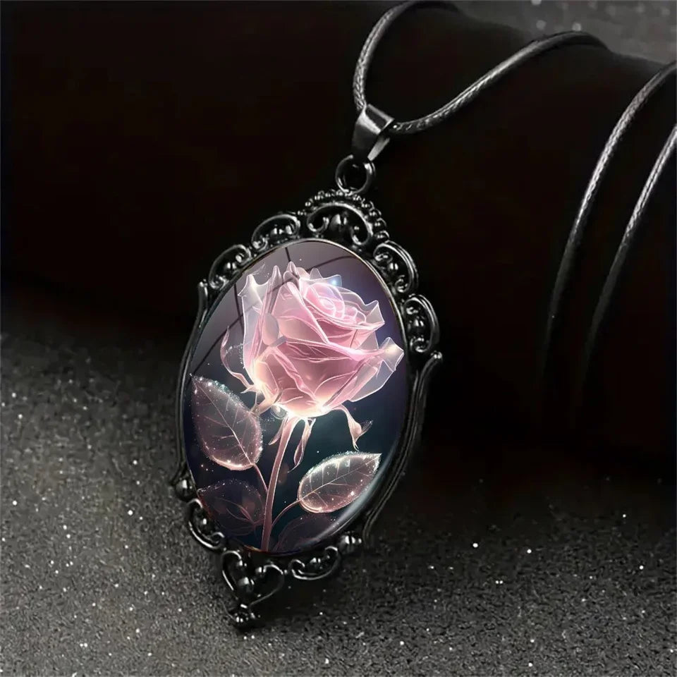 Charm Pink Flower Pendant Necklace Rose Pattern Glass Ellipse - A niche style suitable for Romantic Gifts and Special Occasions🏆