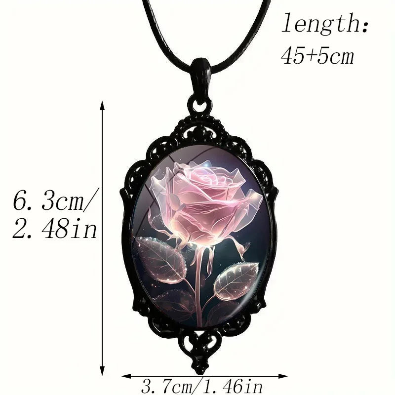 Charm Pink Flower Pendant Necklace Rose Pattern Glass Ellipse - A niche style suitable for Romantic Gifts and Special Occasions🏆