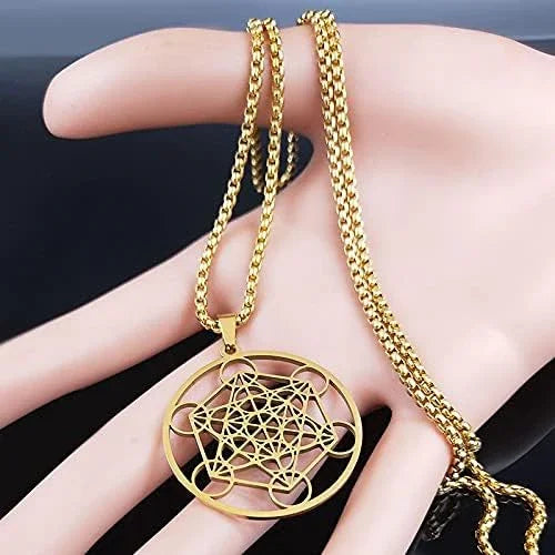 Stainless Steel Metatron's Cube Necklace Pendant Sacred Geometry Amulet Jewelry