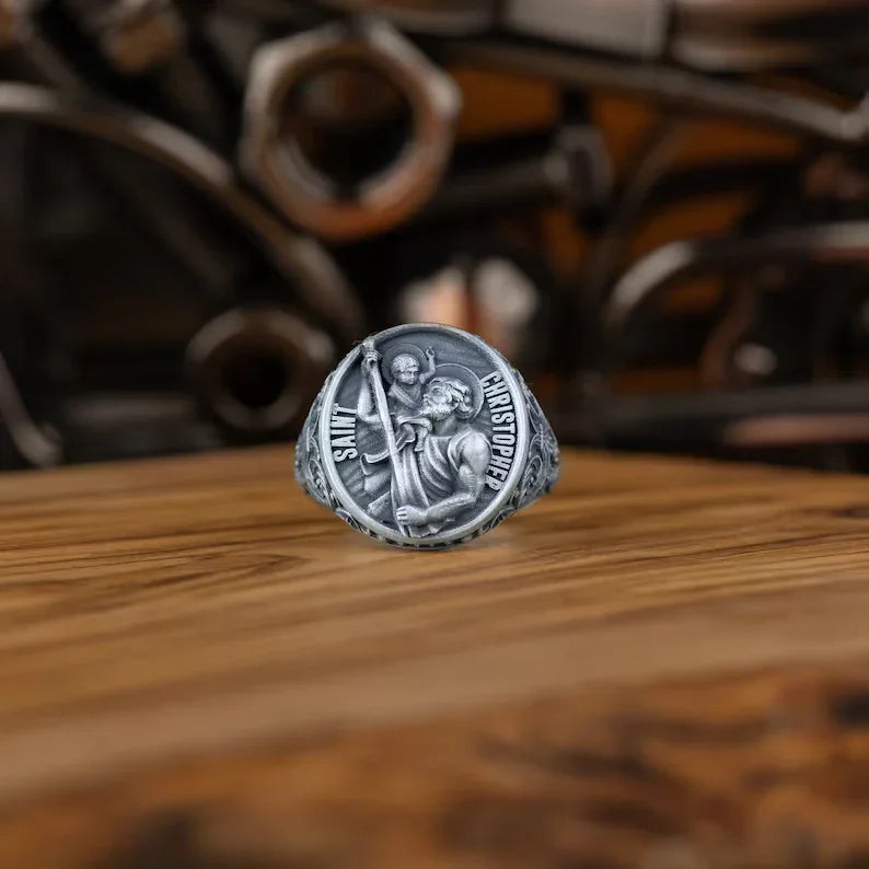 925K Sterling Silver St. Christopher and the Holy Child Jesus Sterling Silver Stamp Ring
