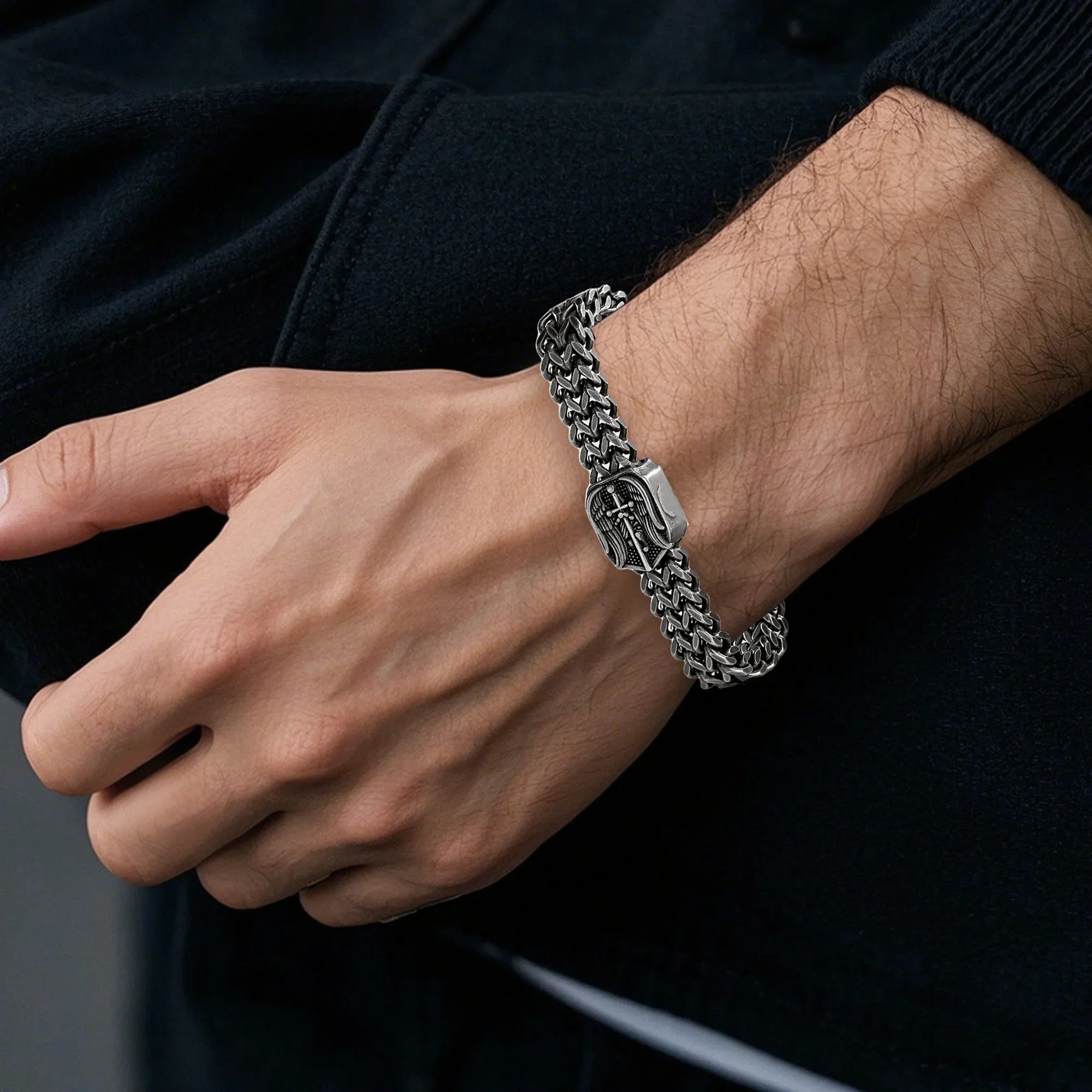 Archangel Michael Titanium Steel Bracelet S925K Silver Ring Set