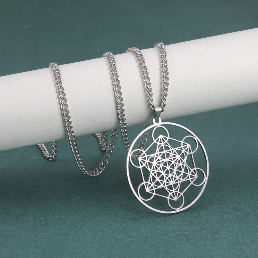 Stainless Steel Metatron's Cube Necklace Pendant Sacred Geometry Amulet Jewelry