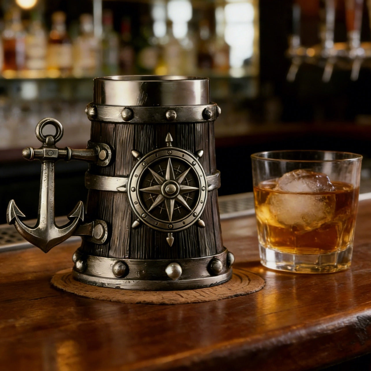 Nautical Anchor & Compass Tankard Mug – Rustic Maritime Stainless Steel Beer/Whiskey Cup🔥