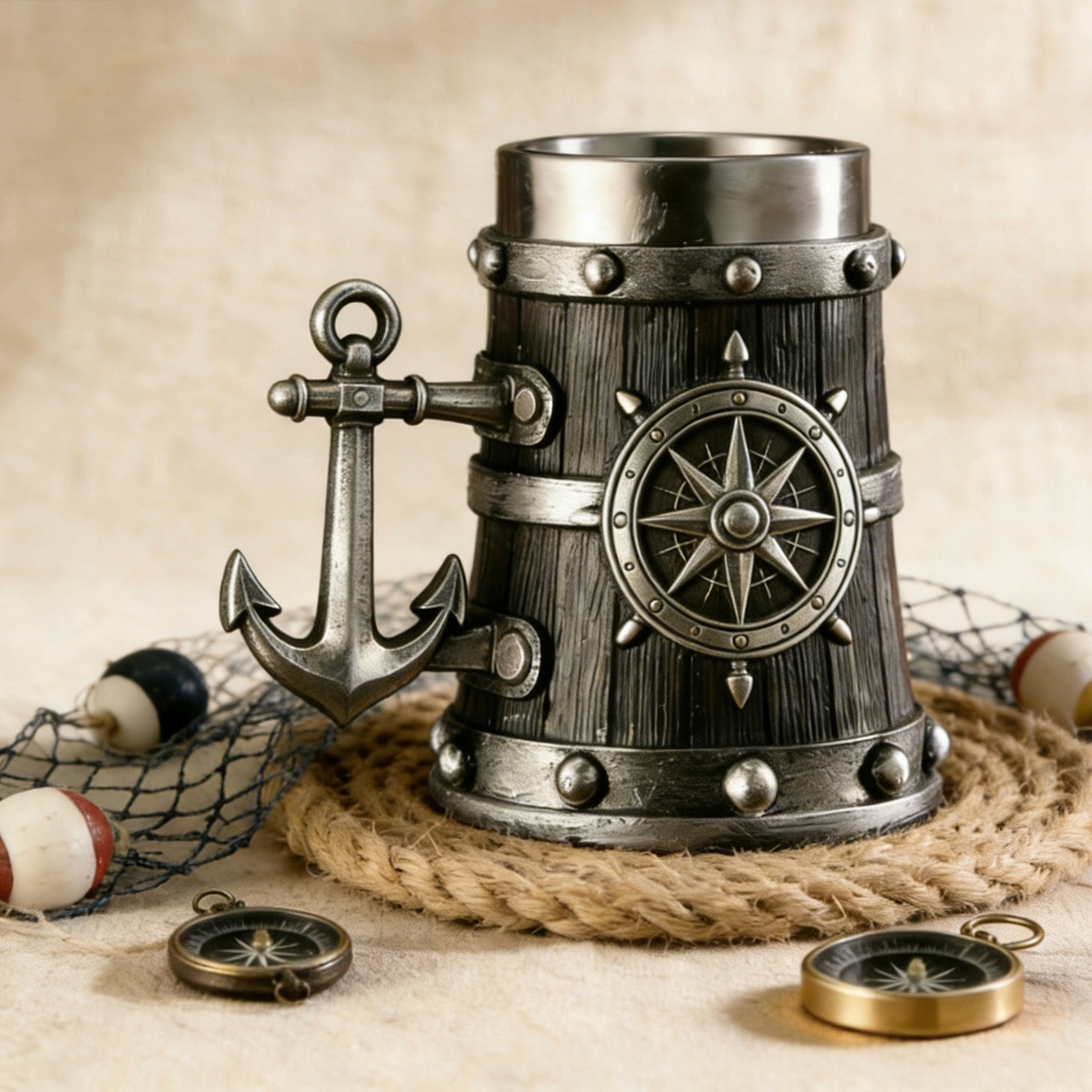 Nautical Anchor & Compass Tankard Mug – Rustic Maritime Stainless Steel Beer/Whiskey Cup🔥