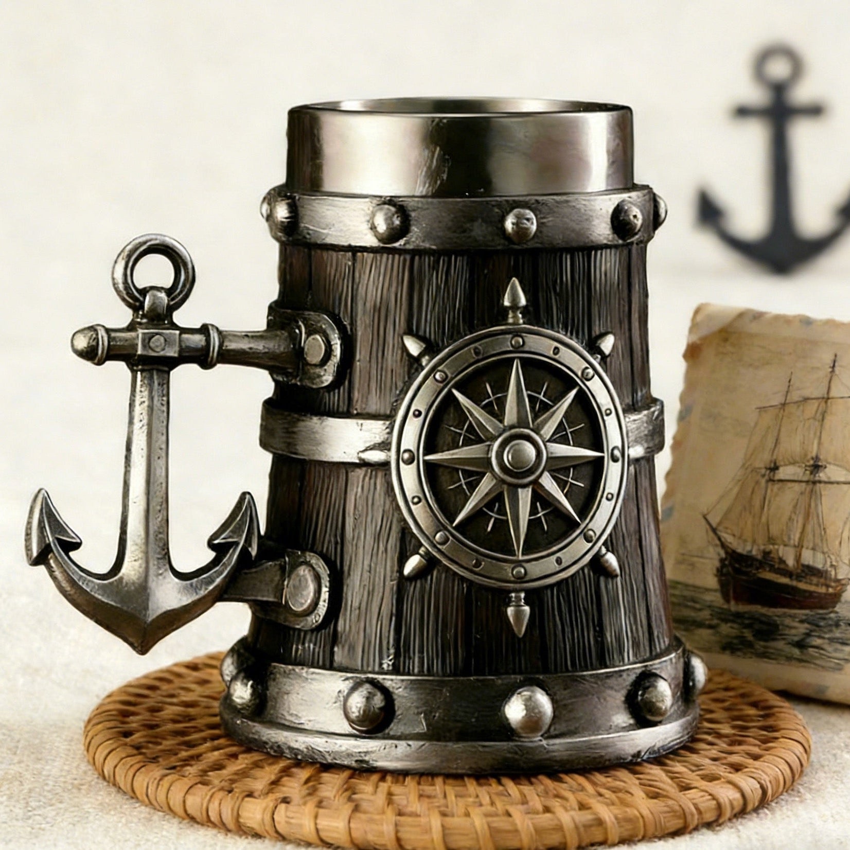 Nautical Anchor & Compass Tankard Mug – Rustic Maritime Stainless Steel Beer/Whiskey Cup🔥