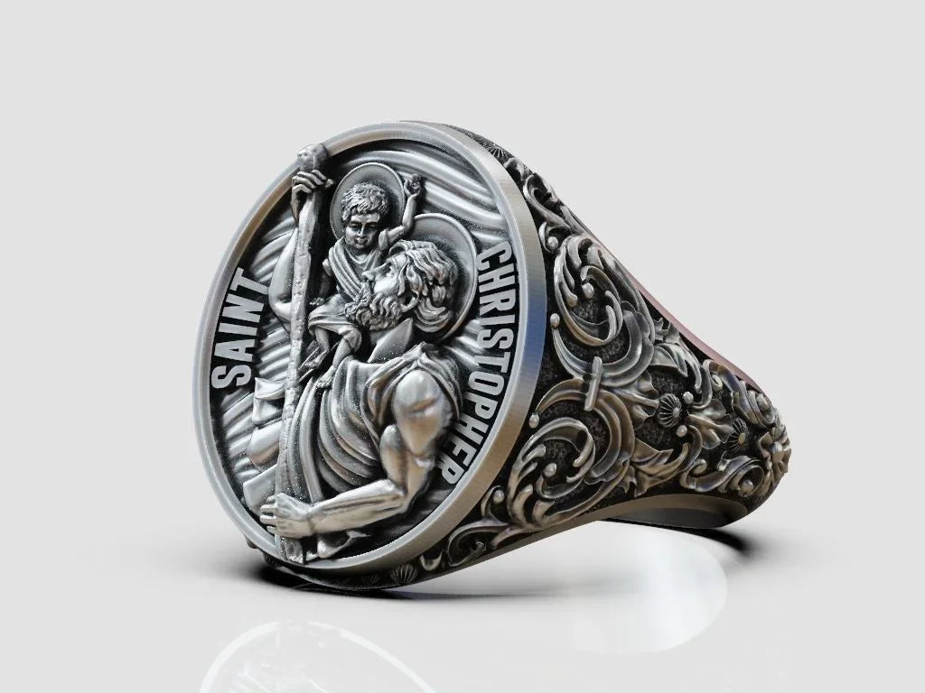 925K Sterling Silver St. Christopher and the Holy Child Jesus Sterling Silver Stamp Ring