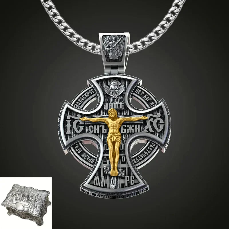 Double Sided 925 Sterling Silver Religious Pendant - Crucifixion of Christ & St. Michael Medal - Choose from 5 Chain Styles - Free Polishing Cloth