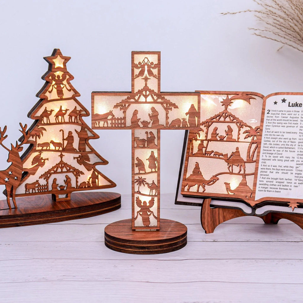Illuminated Christmas Tree Nativity Scene Ornament with Reindeer