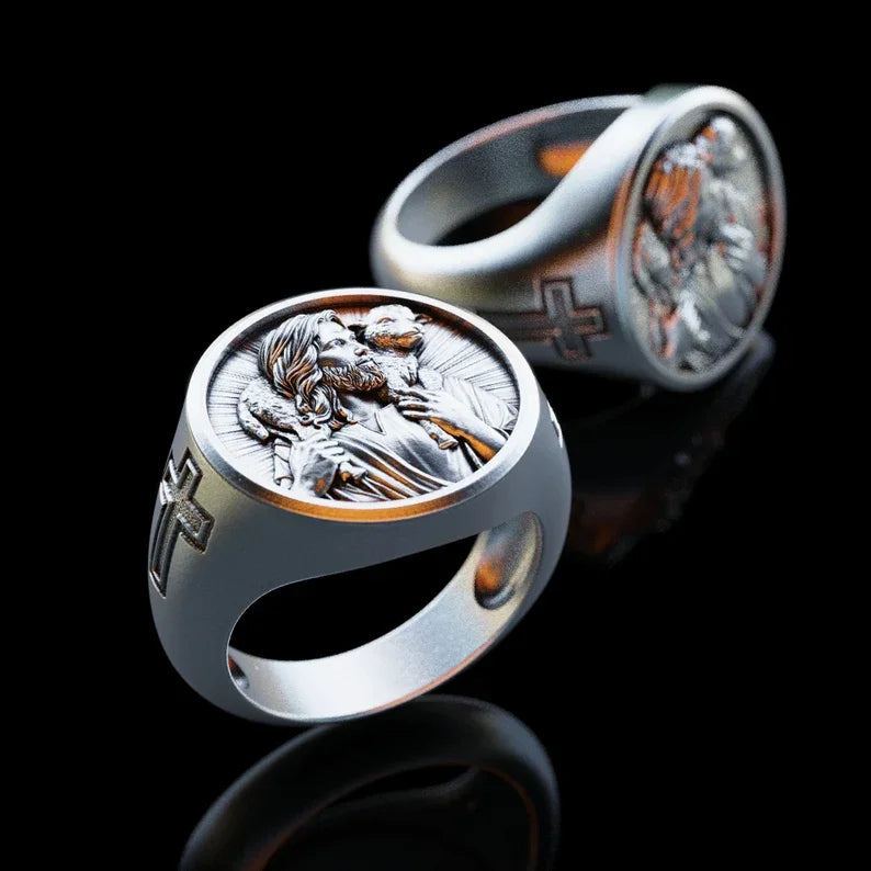 Steel and Titanium Jesus Shepherd Ring