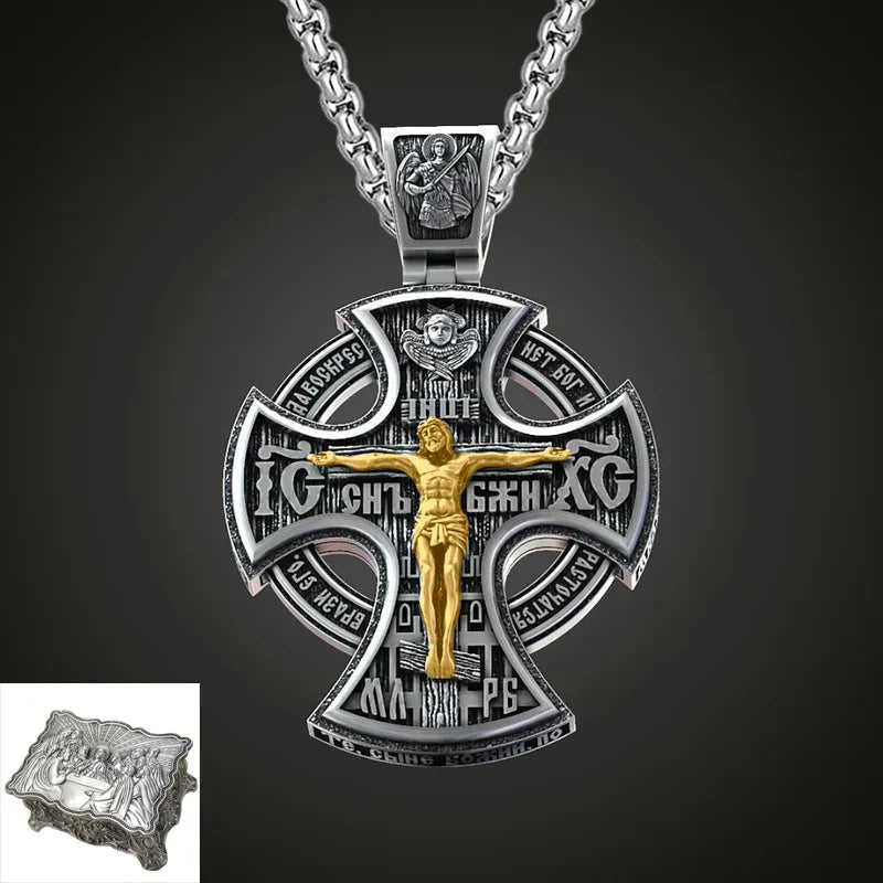 Double Sided 925 Sterling Silver Religious Pendant - Crucifixion of Christ & St. Michael Medal - Choose from 5 Chain Styles - Free Polishing Cloth