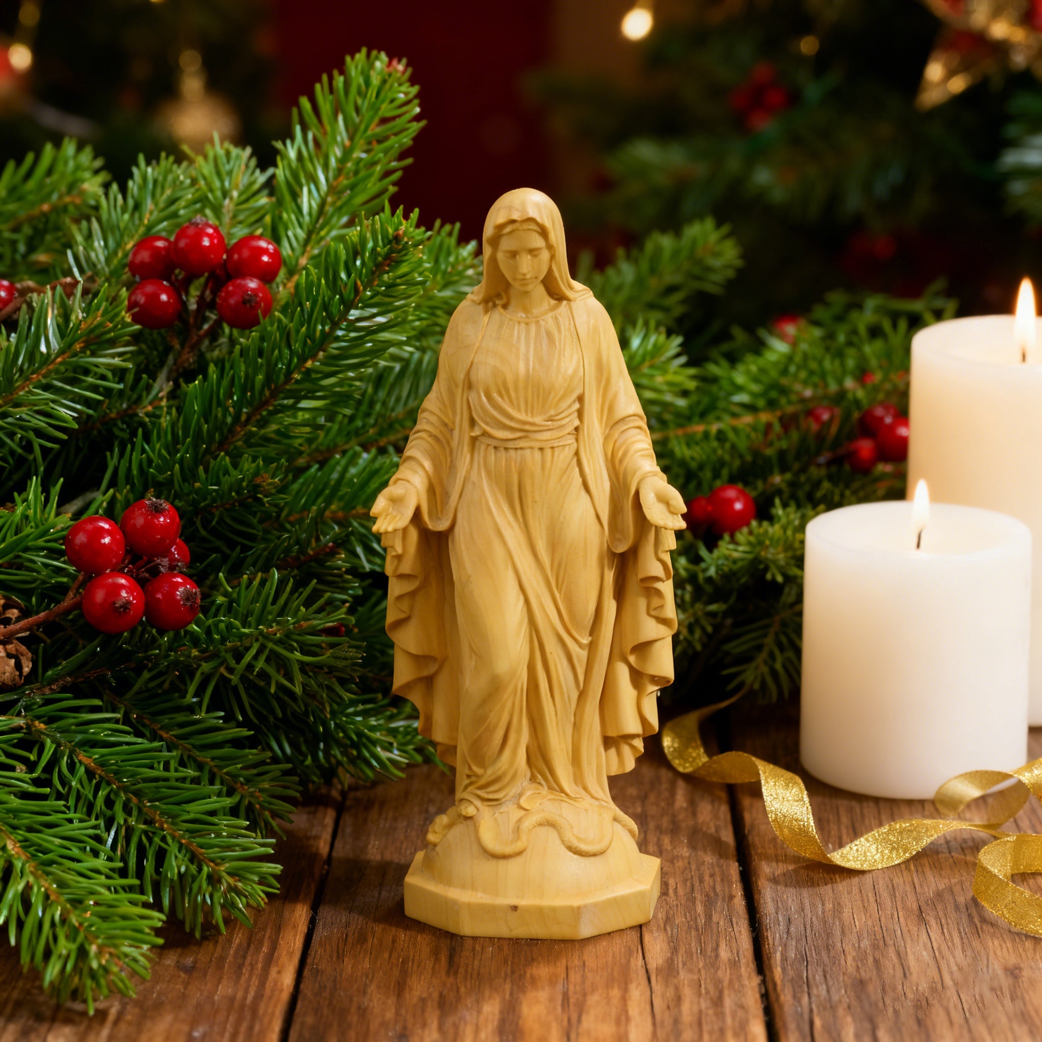 Hand Carved Sacred Heart of Jesus Virgin Mary Wooden Tabletop Ornament