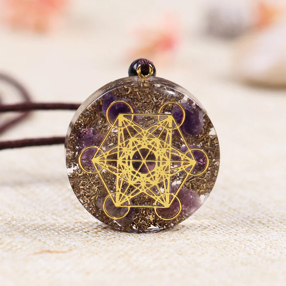 Natural Gemstone Charm Fashion Necklace Engrave Flower Of Life Multidimensional Metatron's Cube Pendant Reiki Heal Crystal Jewelry
