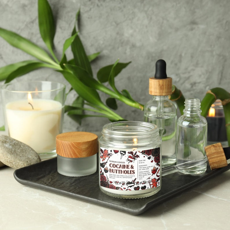 Funny Valentine’s Day Candle – Cocaine and Buttholes – Luxury Coconut & Apricot Wax, Scented or Unscented Gift for Her or Him