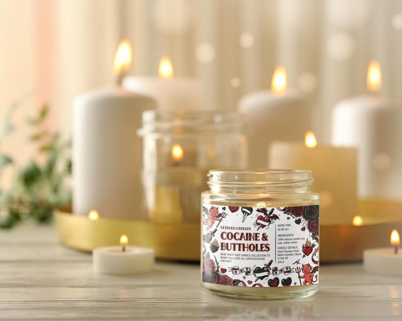 Funny Valentine’s Day Candle – Cocaine and Buttholes – Luxury Coconut & Apricot Wax, Scented or Unscented Gift for Her or Him