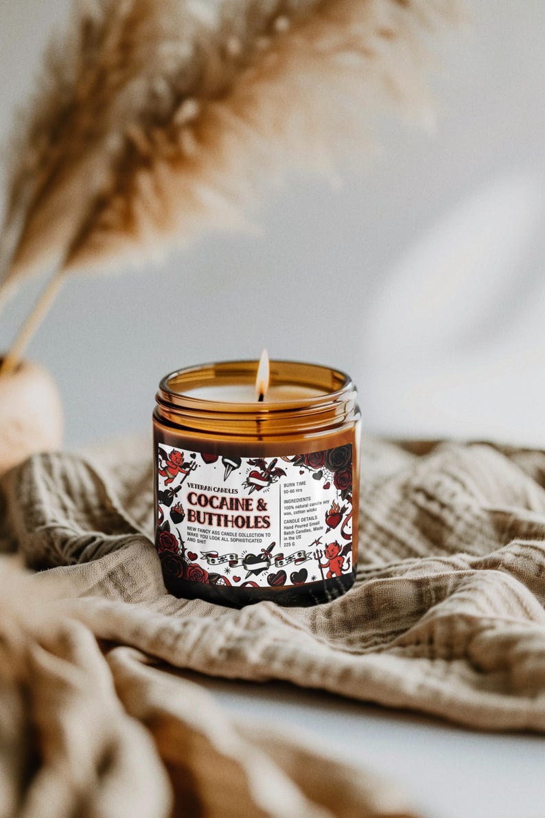 Funny Valentine’s Day Candle – Cocaine and Buttholes – Luxury Coconut & Apricot Wax, Scented or Unscented Gift for Her or Him