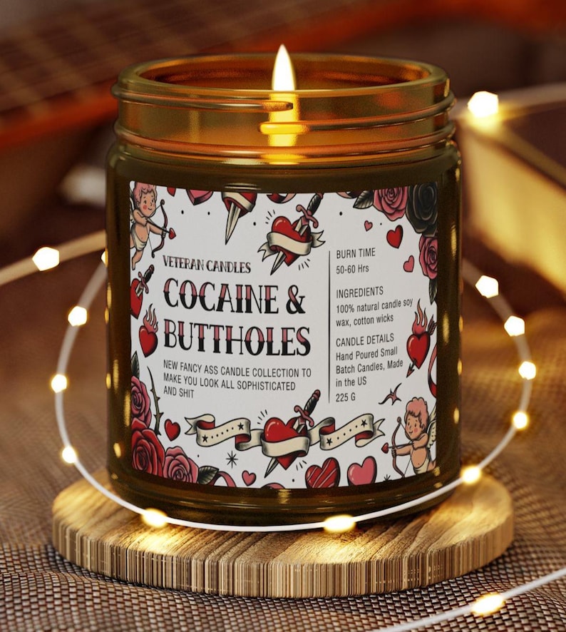 Funny Valentine’s Day Candle – Cocaine and Buttholes – Luxury Coconut & Apricot Wax, Scented or Unscented Gift for Her or Him