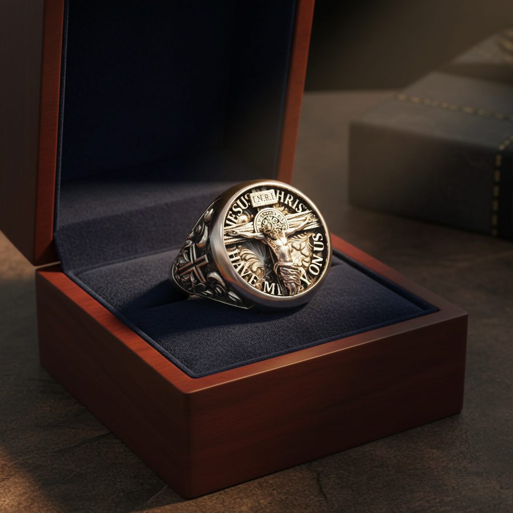 S925K Silver Jesus Crucifixion St. Benedict Medal Ring